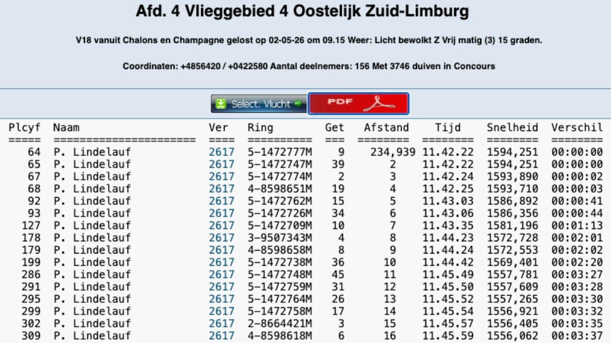 Piet Lindelauf Racing Pigeons Nat. Champion 2025