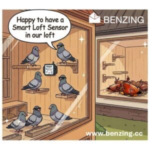 A whimsical cartoon illustration of three humanized pigeons in a cozy lounge, playfully using a smartphone, a tablet, and a laptop. A large sign above them reads "THE PIGEONS LOUNGE" and "MYPIGEONS.LIVE," representing the smart loft management platform.
