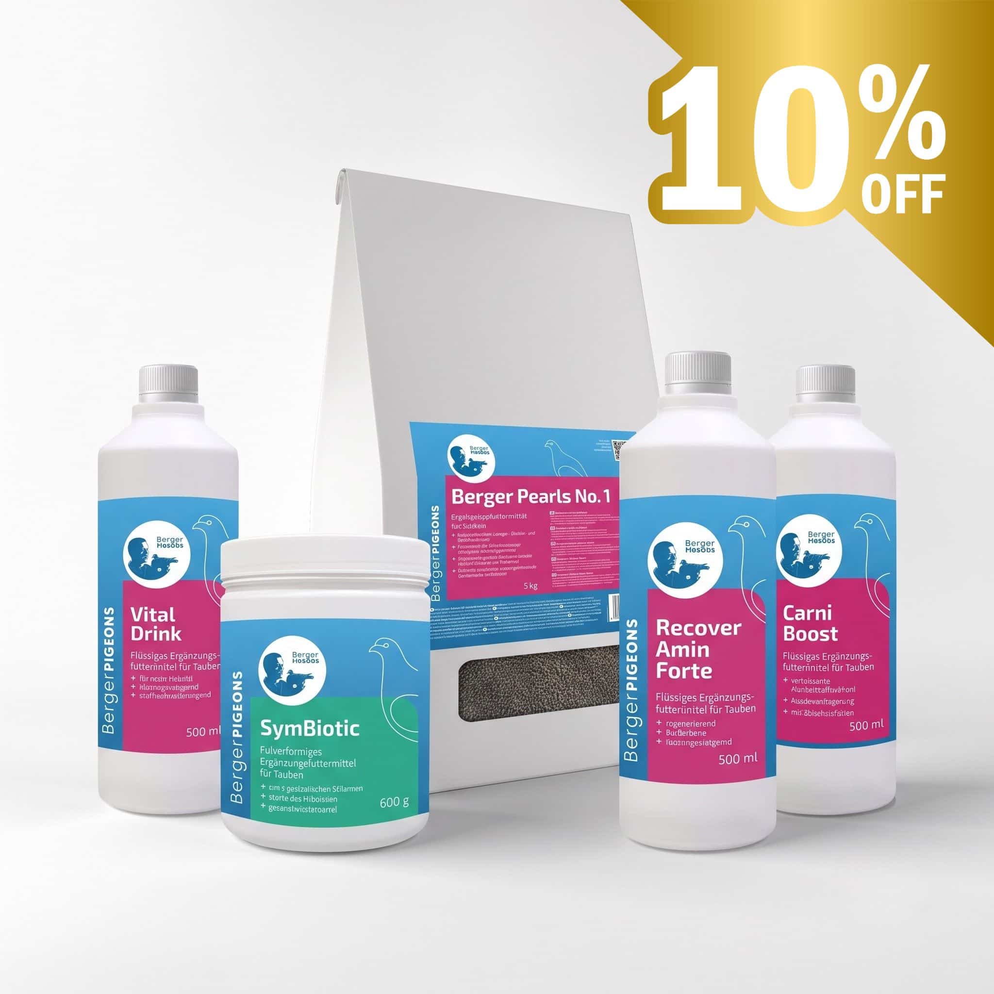 A group shot of five Berger Pigeons healthcare and nutrition products for racing pigeons, displayed side-by-side against a studio background. From left to right: a dark liquid bottle of Carni Boost, a white liquid bottle of Recover Amin Forte, a large white 5kg paper bag of Berger Pearls No. 1 standing in the center, a white tub of Symbiotic powder, and a white liquid bottle of Vitaldrink. A minimalist pigeon icon with a laurel wreath is visible in the top right corner.