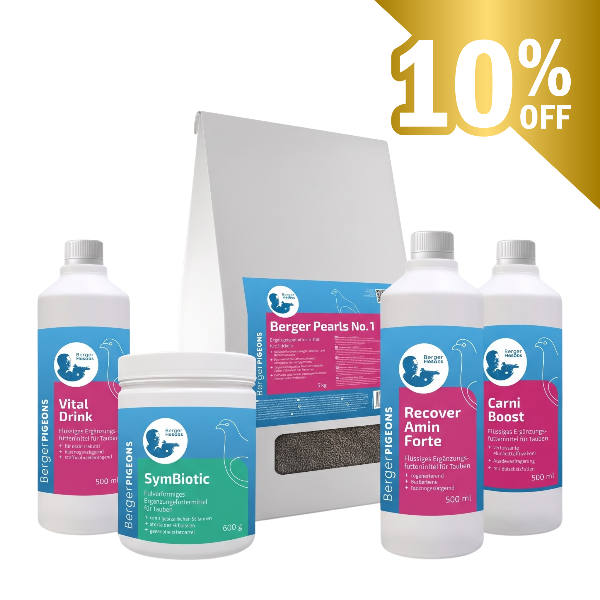A group shot of five Berger Pigeons healthcare and nutrition products for racing pigeons, displayed side-by-side against a studio background. From left to right: a dark liquid bottle of Carni Boost, a white liquid bottle of Recover Amin Forte, a large white 5kg paper bag of Berger Pearls No. 1 standing in the center, a white tub of Symbiotic powder, and a white liquid bottle of Vitaldrink. A minimalist pigeon icon with a laurel wreath is visible in the top right corner.