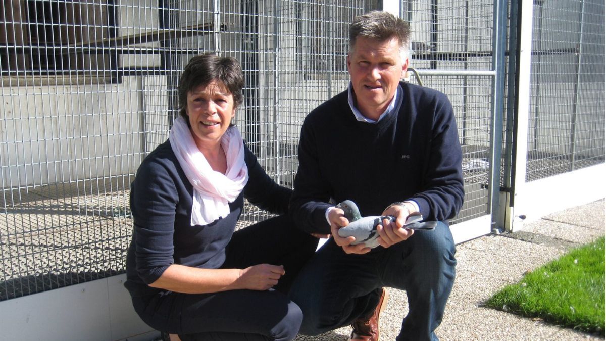 A smiling Gerard and Elly stand side by side outside their pigeon loft in Puttershoek, proudly celebrating their fantastic first-prize victory from La Souterraine with the E. Reedijk-Jongekrijg racing team.