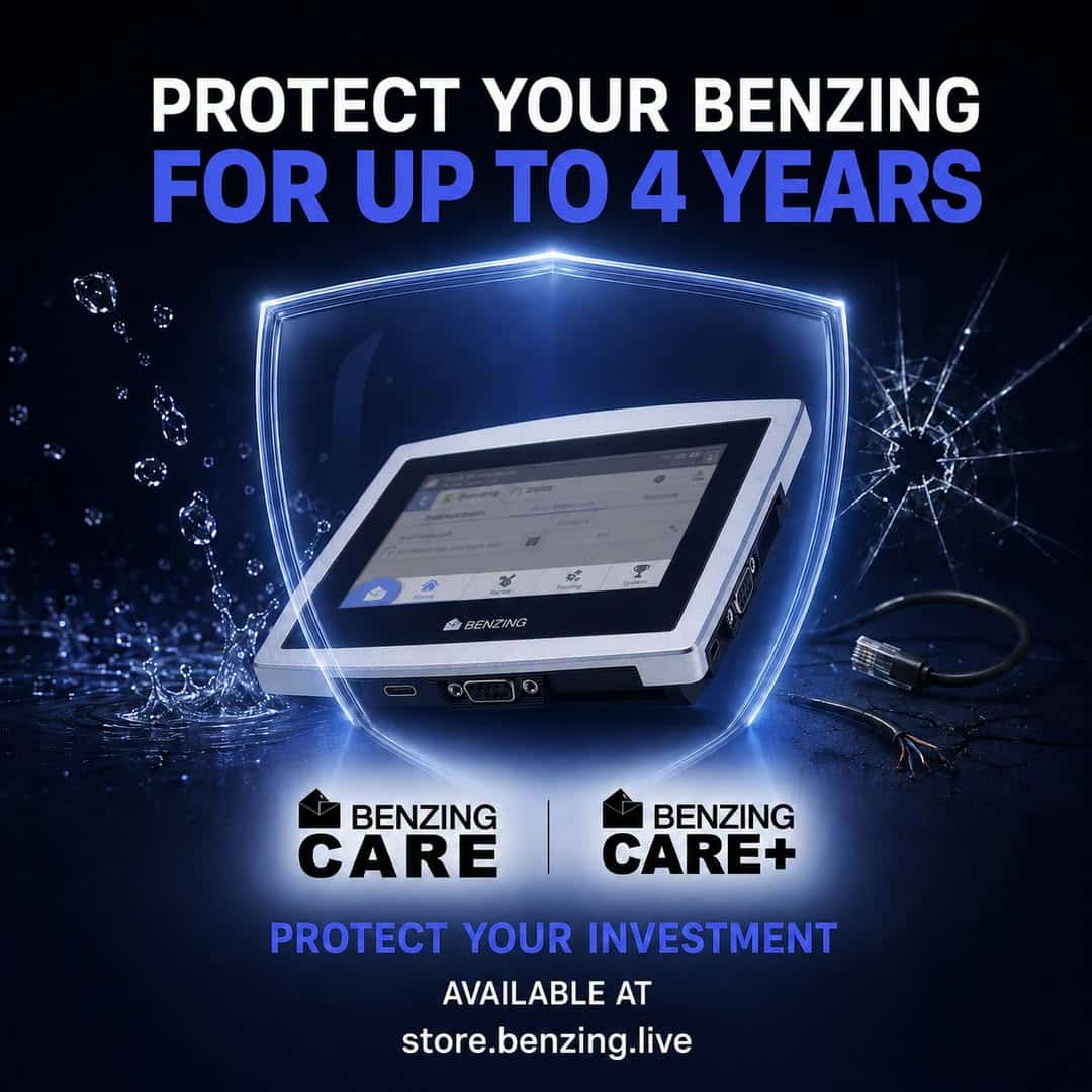 Promotional banner for Benzing Care and Benzing Care+ featuring a Benzing electronic pigeon clock protected inside a glowing blue digital shield. The scene is set against a dark background, showing water splashes on the left and cracked glass with frayed cables on the right. Bold text reads: "Protect your Benzing for up to 4 years" and "Protect your investment, available at store.benzing.live"