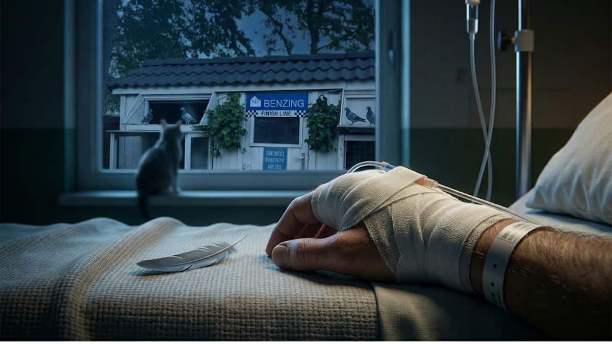 Close up of a bandaged hand with an IV drip on a hospital bed beside a pigeon feather, looking out a hospital window at a white pigeon loft with a Benzing sign at night.