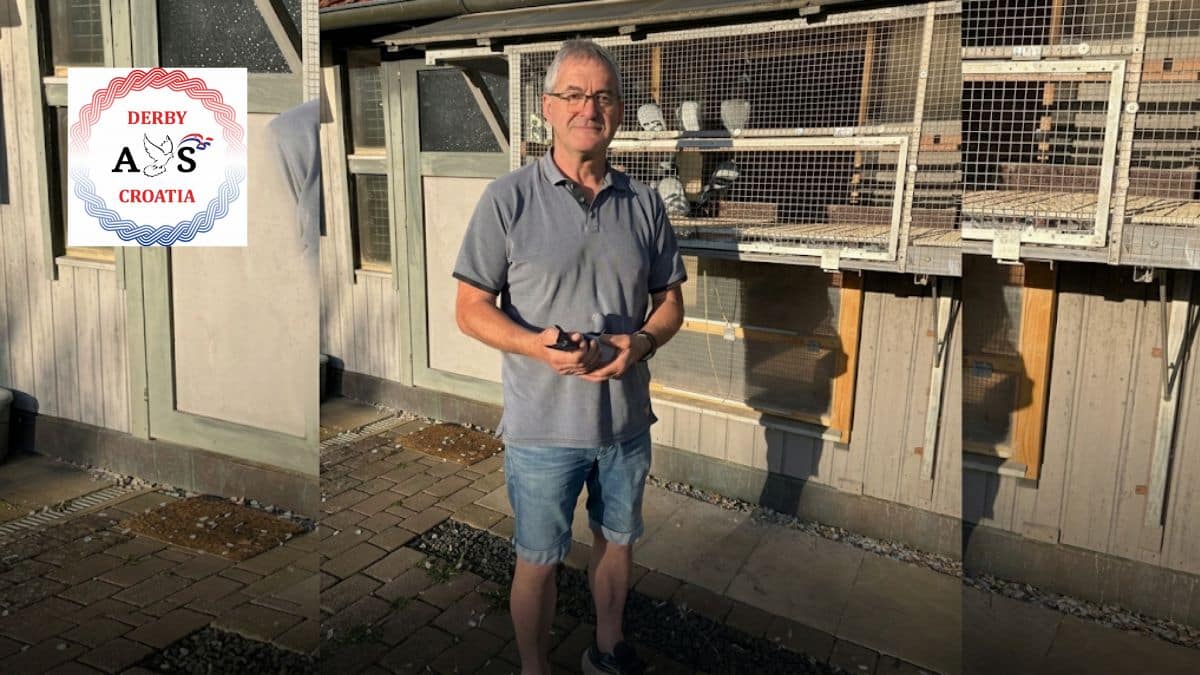 Fancier Dreger holding his winning racing pigeon outside the loft after claiming 1st place in Derby AS Croatia 2026 Race 4 from Nove Zamky.