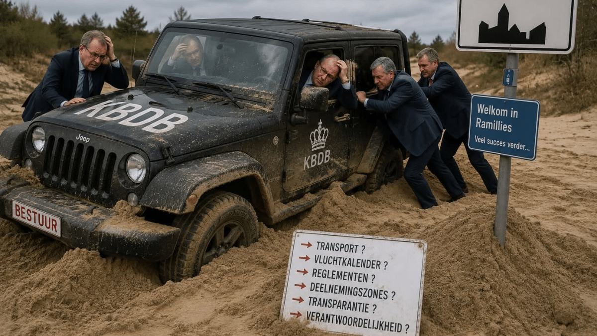 Satirical image of a KBDB Jeep stuck in the sand near Ramillies, surrounded by questions about transport, race calendars, regulations, participation zones, transparency and responsibility in pigeon racing.