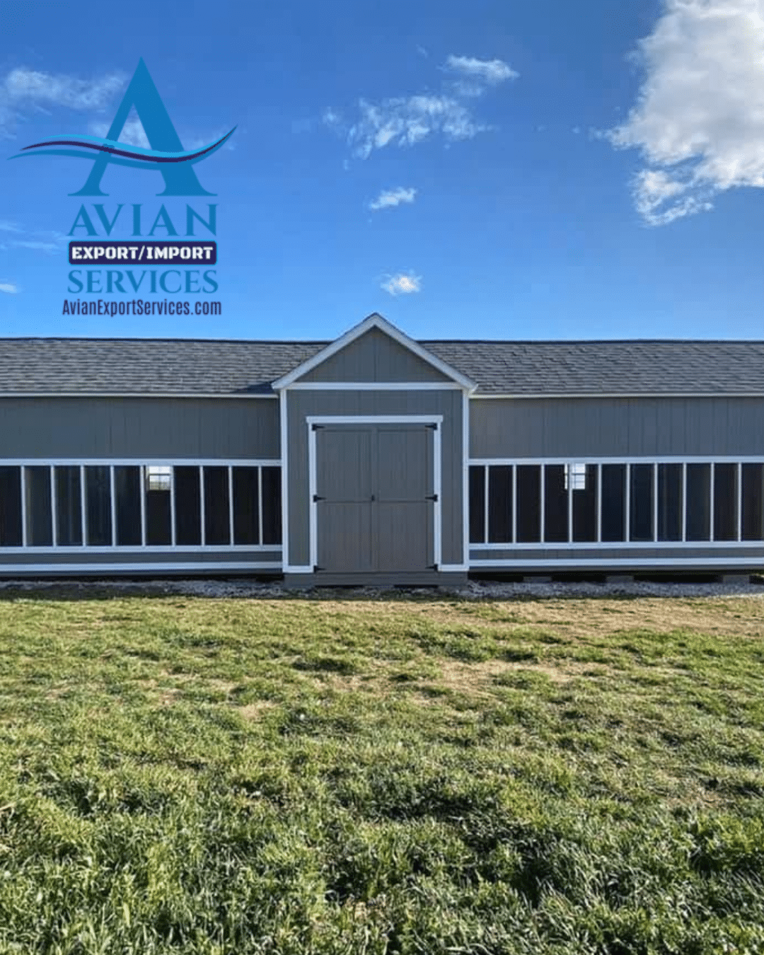 Avian Export Services racing pigeon quarantine and holding facility with the company logo displayed above the loft building.