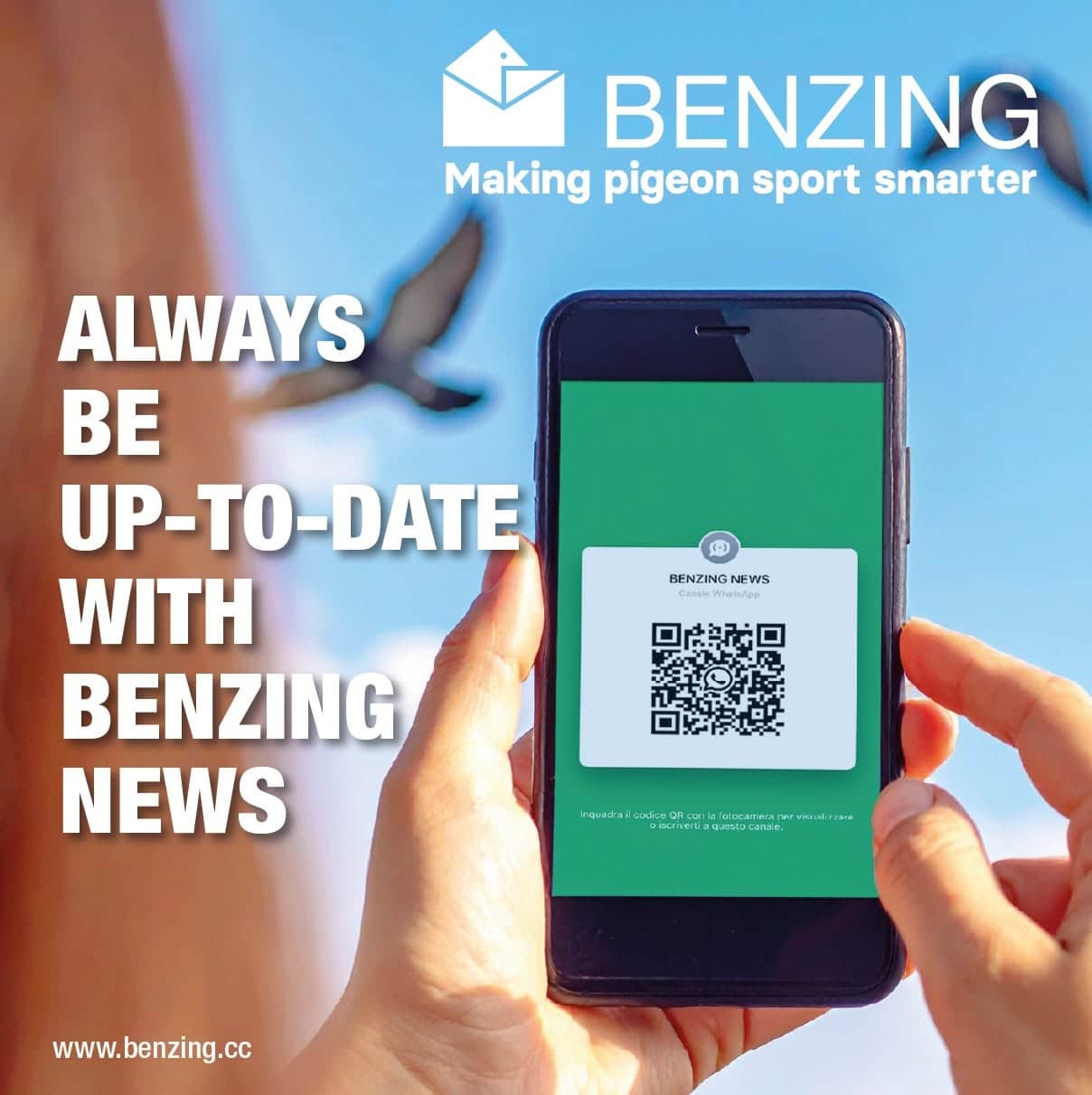 BENZING promotional image showing a person holding a smartphone with a QR code on screen to join the BENZING NEWS WhatsApp channel, featuring racing pigeons flying in the background and the text "Always be up-to-date with BENZING News