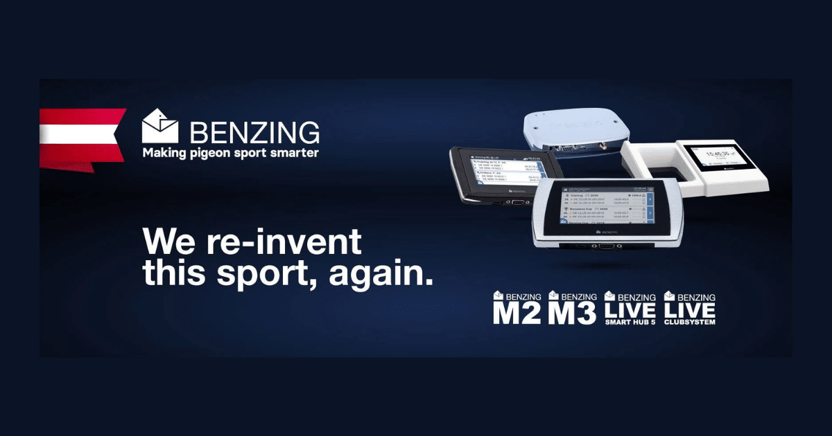 BENZING pigeon racing technology banner displaying M2, M3, Smart Hub 5, and Live ClubSystem hardware.