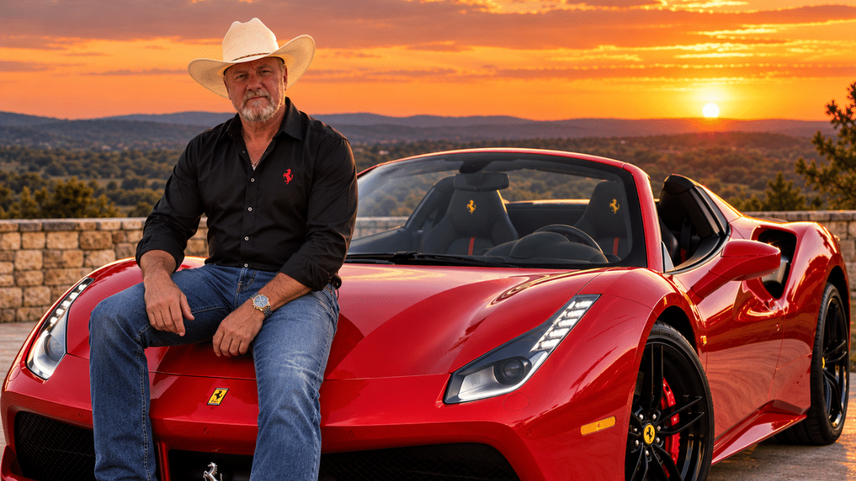 Ken Easley of Ken Easley & Son Racing Pigeons beside a red Ferrari in New Mexico, American specialist in international One Loft Racing.