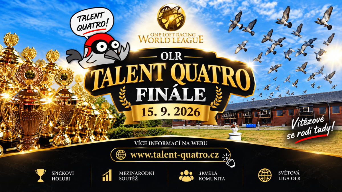Talent Quatro 2026 One Loft Race final poster featuring racing pigeons, trophies, the Šternberk loft and the final date of 15 September 2026.