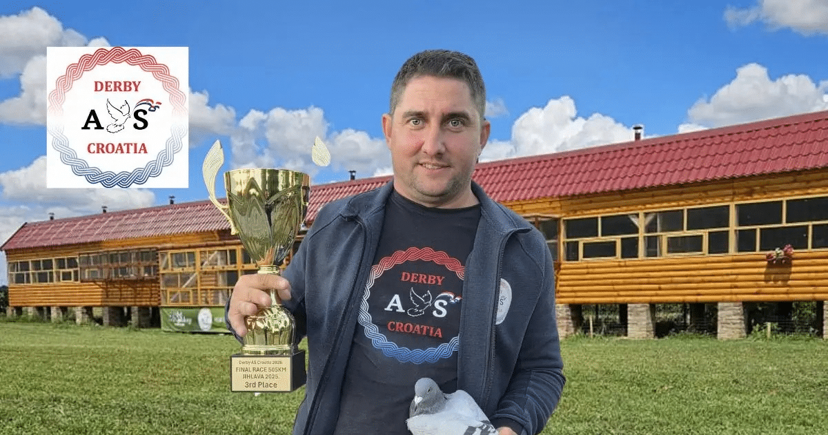 Petar Brlošić, organizer of Derby AS Croatia 2027, holding a large golden winner trophy and a racing pigeon in front of the professional wooden loft complex, featuring the official Derby AS Croatia logo in the upper-left corner