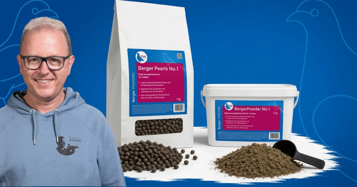 Alfred Berger smiling next to Berger Pearls No. 1 standing paper bag with extruded feed pellets and BergerPowder No. 1 white bucket with feed powder and scoop on a blue background.