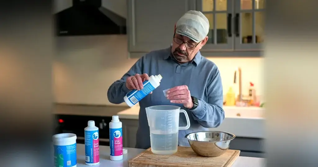 igeon Boss Berger Products being prepared and measured for racing pigeon nutrition, featuring Berger Pigeons supplements including Carni Boost and Vital Drink.