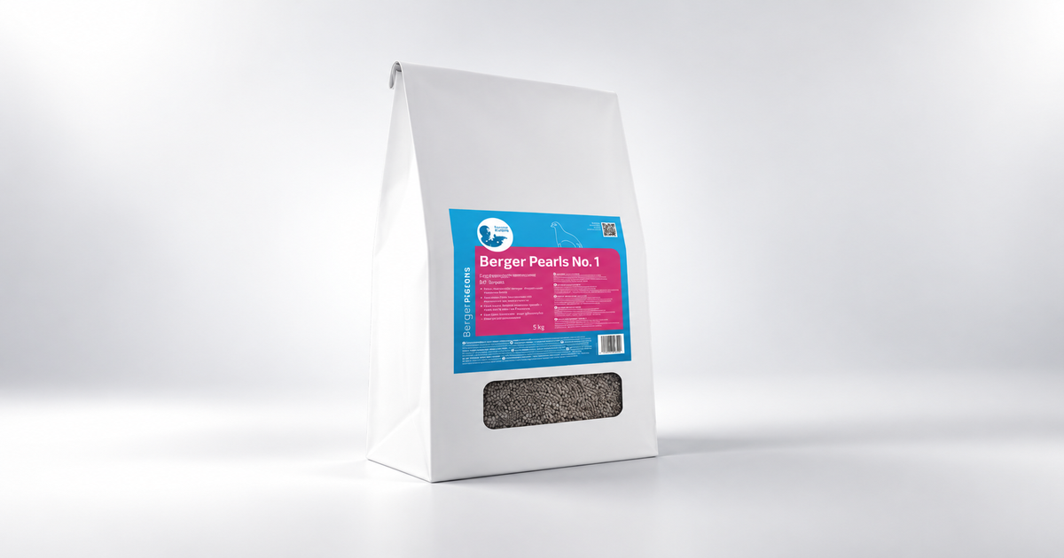 Home 9 White Berger Pearls No.1 5 kg product bag with blue and magenta label, photographed against a clean light studio background. Credit: Product image supplied by the user for this Pigeon Boss article.