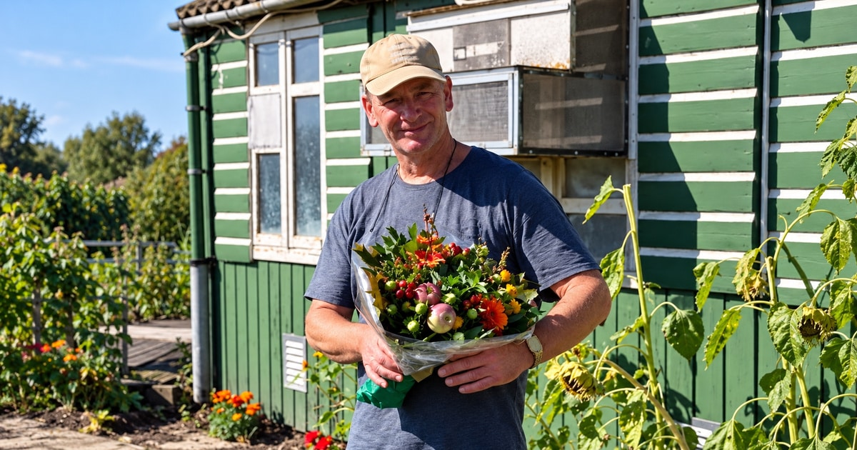 Harry Hendriks holding a bouquet outside his green pigeon loft in Vinkeveen after his Bergerac victory.