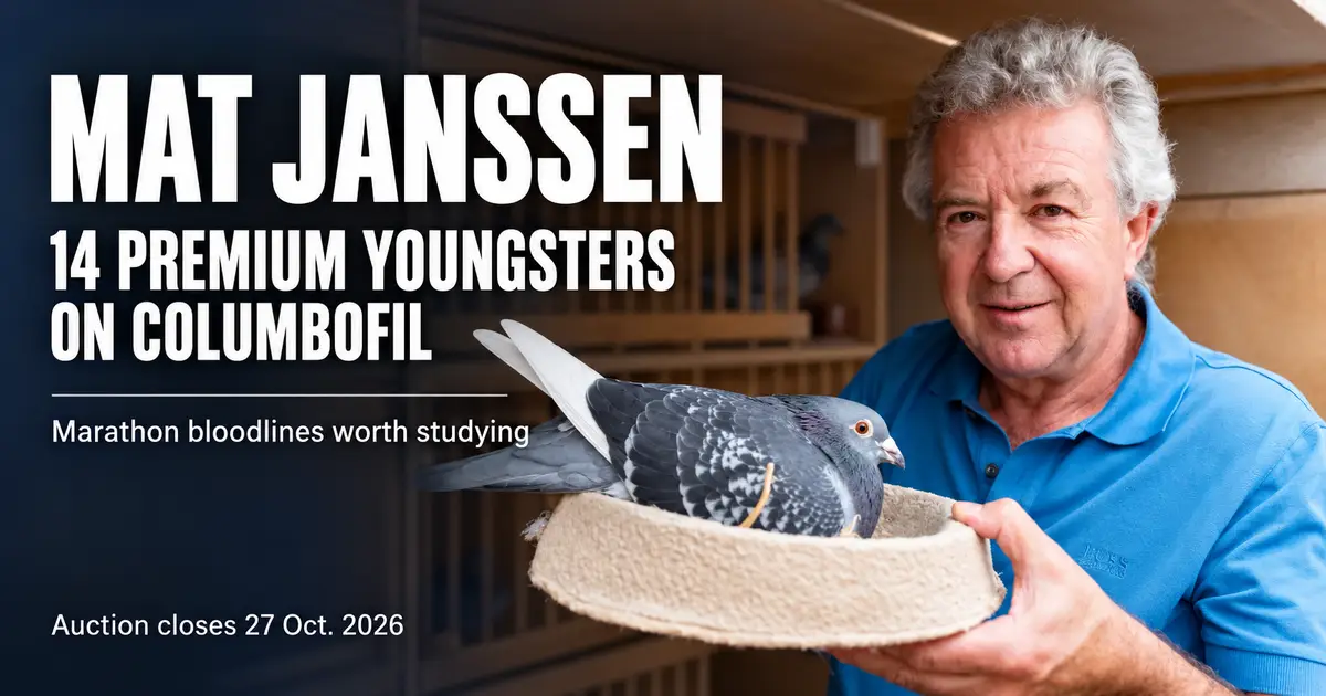 Mat Janssen inside his wooden pigeon loft, holding a nesting bowl containing a grey racing pigeon.